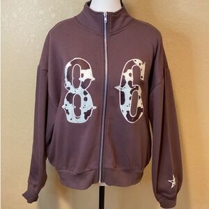Fourteen Twelve Brown Collared Zip Up Fleece Sweatshirt with Pockets, Size Large